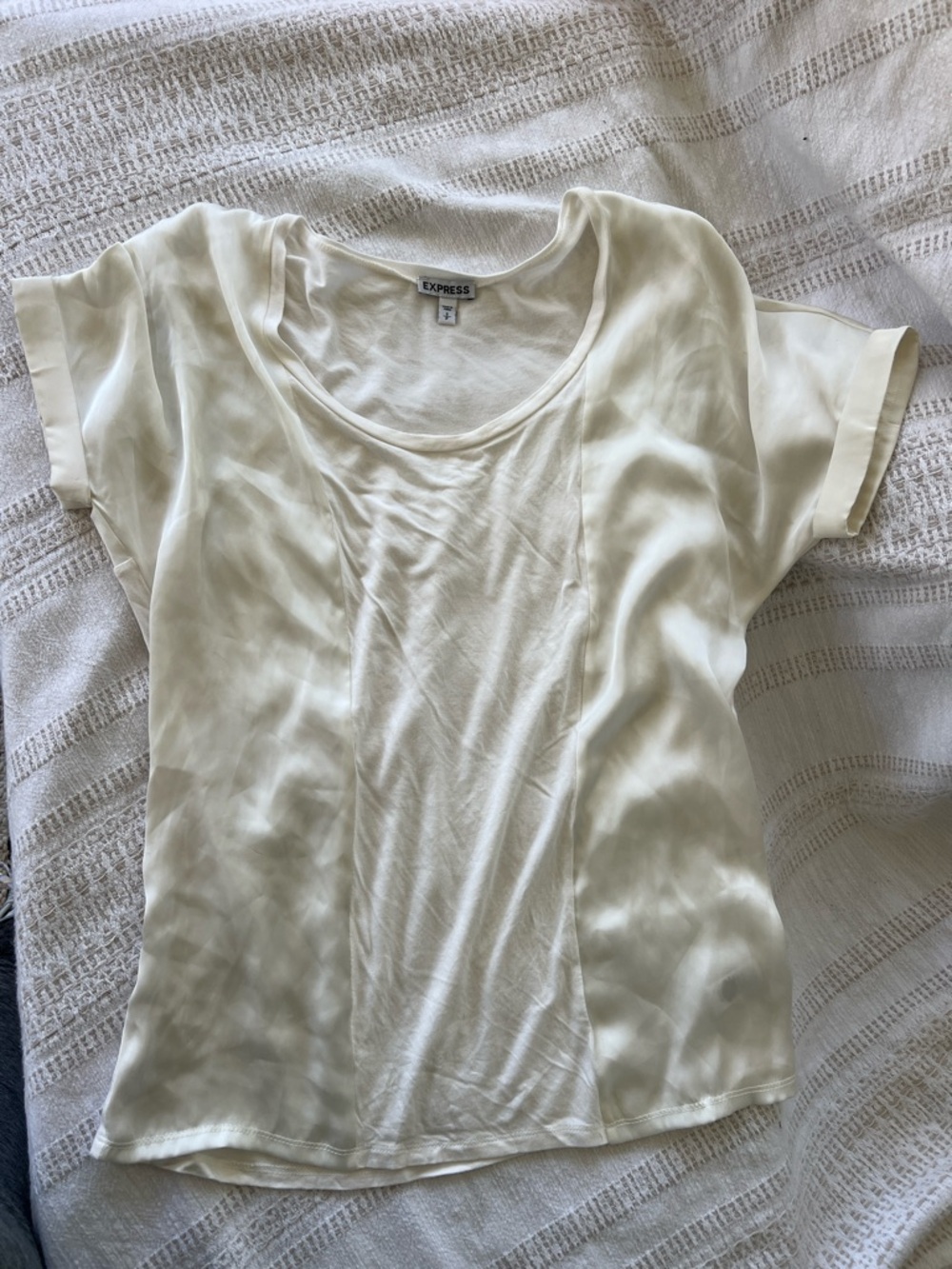 Express Women's 1/2 Satin Cream Short Sleeve Scoop Neck Top
